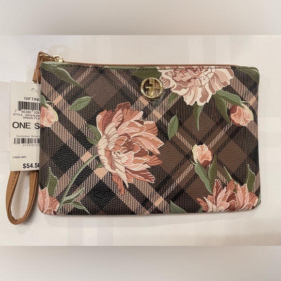 Giani Bernini Holiday Plaid Floral Wristlet Green Plaid Pouch - Picture 6 of 8